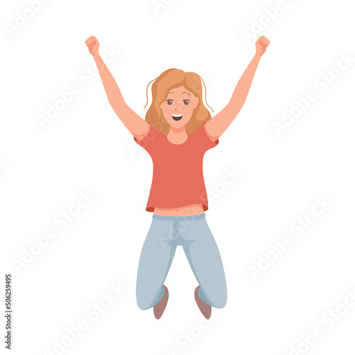 Happy Woman Character Jumping with Raised Hands Vector Illustration