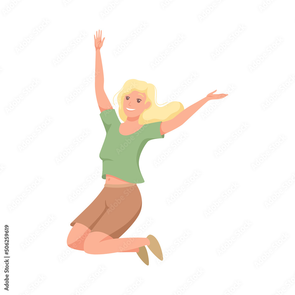 Happy Woman Character Jumping with Raised Hands Vector Illustration