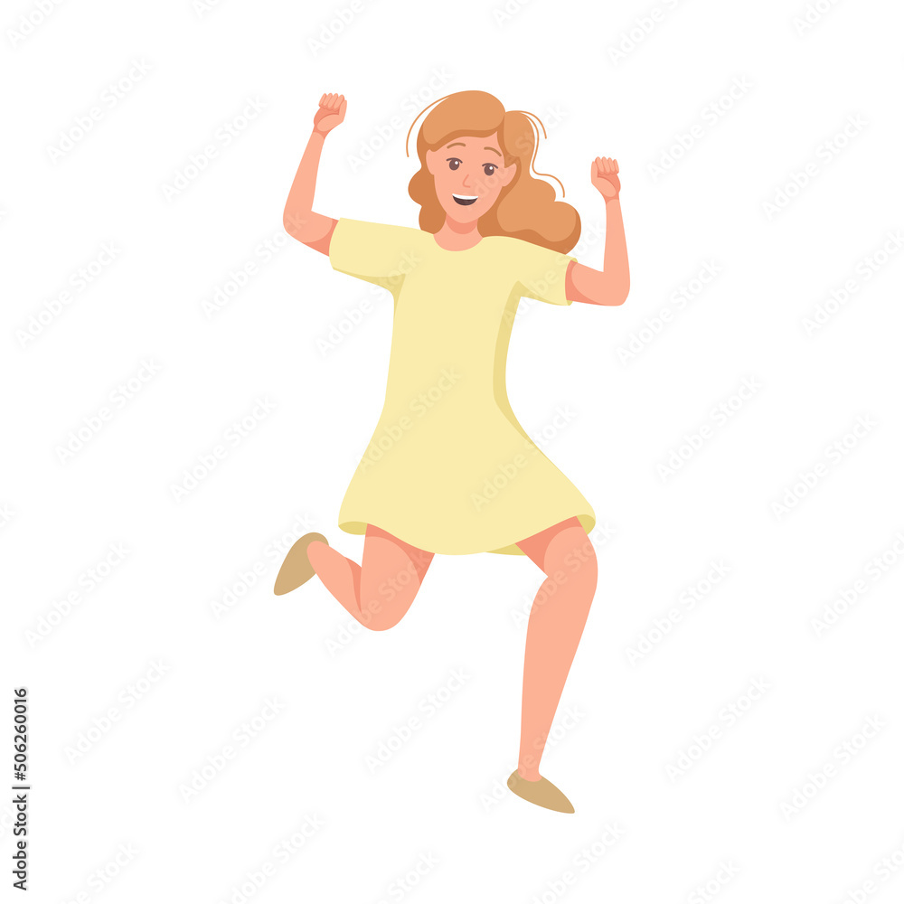 Happy Woman Character Jumping with Raised Hands Vector Illustration Happy Woman Character Jumping with Raised Hands Vector Illustration