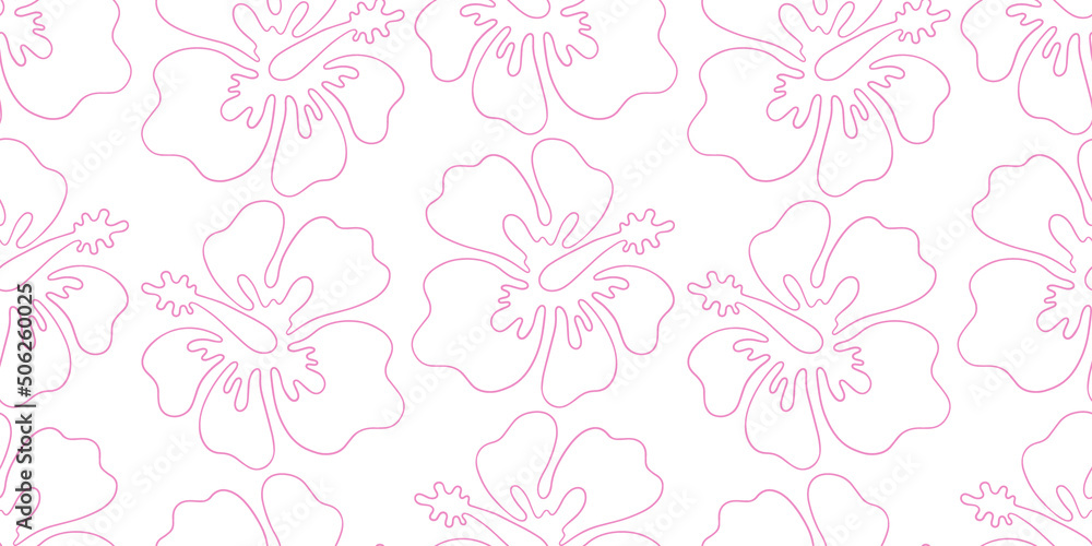 Outline of a hibiscus flower, vector seamless pattern in the style of doodles, hand-drawn