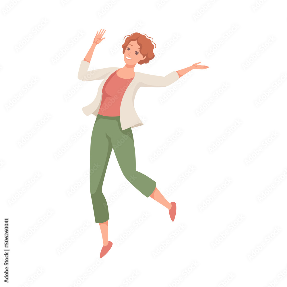 Happy Woman Character Jumping with Raised Hands Vector Illustration