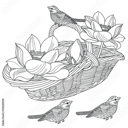 Antistress drawing for coloring. Basket, Flowers and Birds. Coloring Book for adults and children. Cute  background for wallpaper, gift paper, pattern fills, textile, greetings cards 