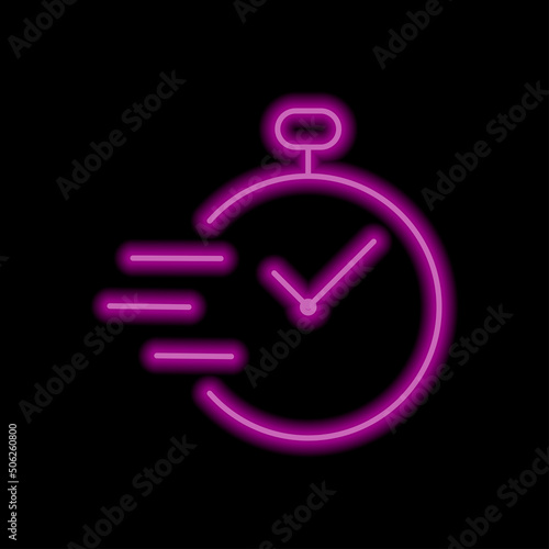 Clock simple icon vector. Flat design. Purple neon style on black background.ai