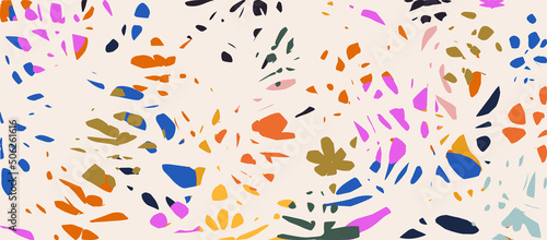 Colorful shape fragments seamless pattern. Cute organic shapes, random cutouts and little pieces, decorative abstract art vector illustration