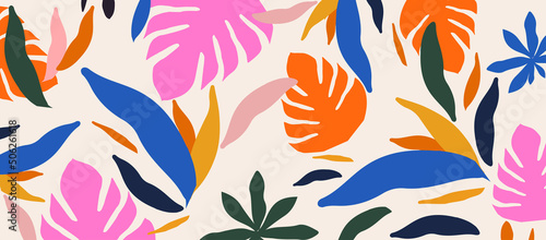Colorful organic shapes seamless pattern. Cute botanical shapes, random cutouts of tropical leaves, decorative abstract art vector illustration