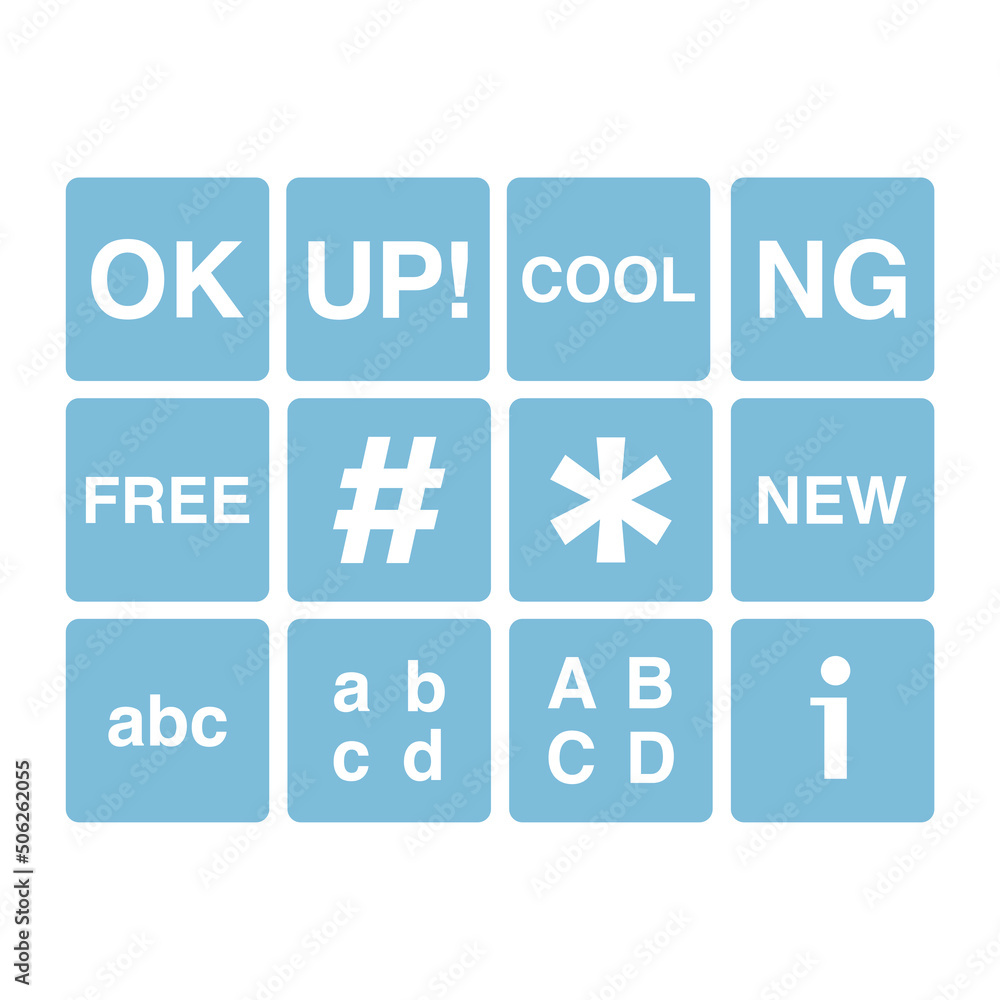 Blue button emoji set vector OK up cool hashtag abc Blue button emoji set vector OK up cool hashtag abc
