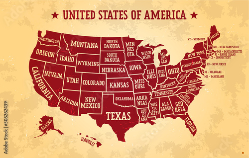 Red map of United States of America with borders of the states and names. Vector design.