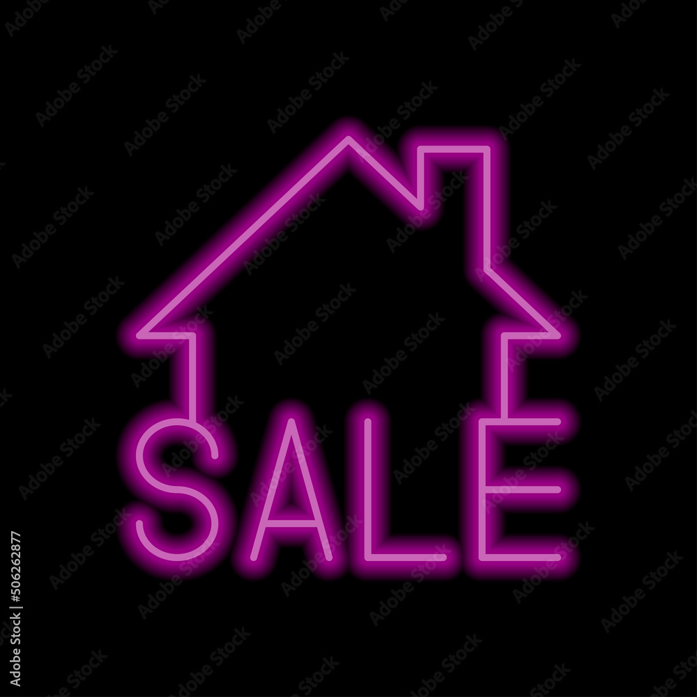 Sale, house simple icon vector. Flat design. Purple neon style on black background.ai Sale, house simple icon vector. Flat design. Purple neon style on black background.ai