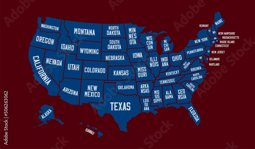 Blue map of United States of America with borders and names, isolated on dark red background. Vector design. photo