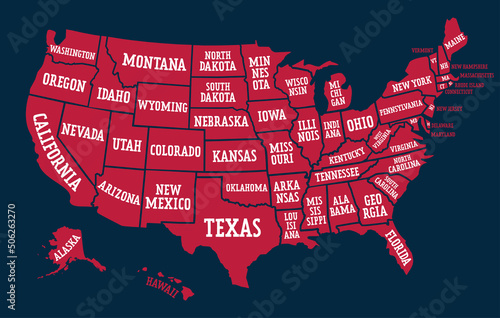 Red map of United States of America with borders and names, isolated on dark blue background. Vector design.