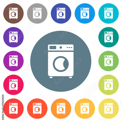 Washing machine flat white icons on round color backgrounds