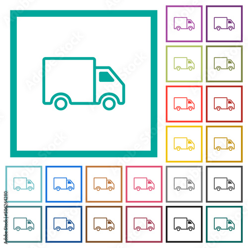 Delivery truck side view outline flat color icons with quadrant frames