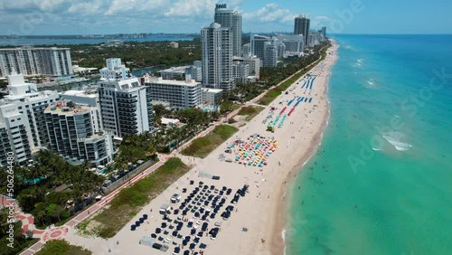 Miami Beach Florida. Panorama of Miami South Beach City FL. Atlantic Ocean. Summer vacations. Beautiful View on Residential house, Hotels and Resorts on Island. Turquoise color of salt water.