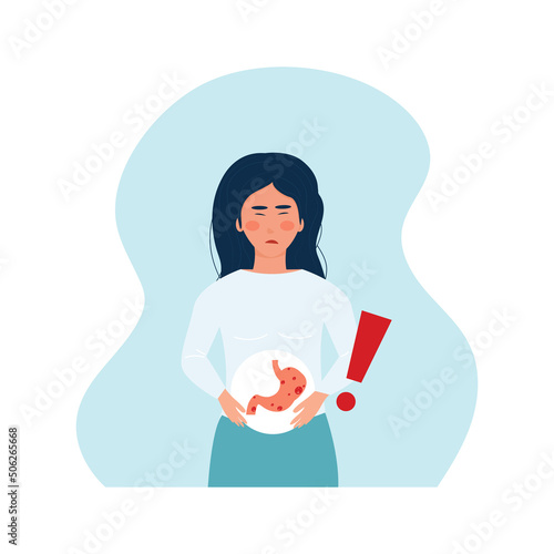 woman with stomach pain. Gastritis, ulcers and cancer of the stomach. Symptoms of acute inflammation. Disease of the digestive tract concept. Vector editable illustration