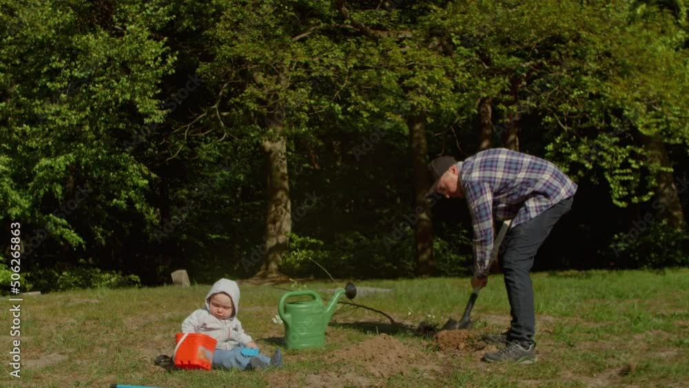 Volunteer father and his nine-month-old son are planting a tree in the park. Volunteer father and his nine-month-old son are planting a tree in the park.