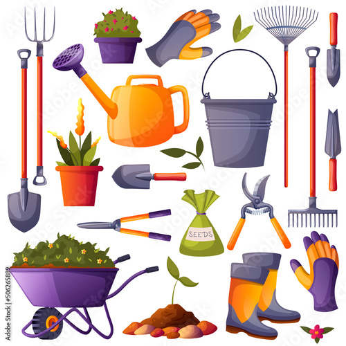 Set garden, grow plant, grower tools, instruments, village, dacha, kitchen-garden, kale yard, farm, gardening, flower. bucket, watering can, shovel, rake, soil, hoe, boots, seed. Vector illustration