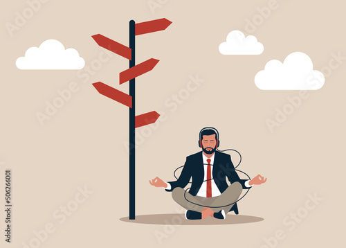 Thinking businessman meditating front of crossroad and selecting the best solution. Possibilities for business concept. Vector colorful flat illustration.