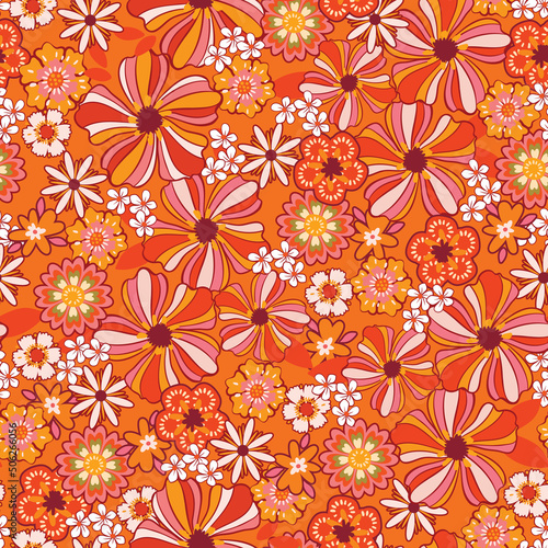 Colorful Groovy flowers seamless pattern vector illustration, hippie aesthetic floral ,Design for fashion , fabric, textile, wallpaper, cover, web , wrapping
