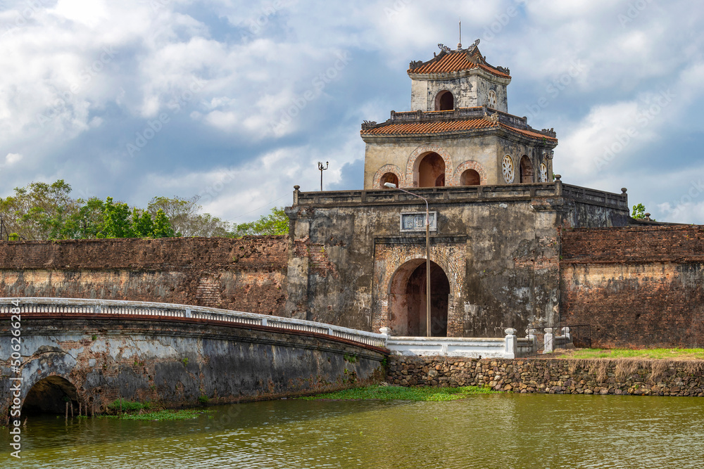 The ancient gates of the old city close-up. Citadel of Hue, Vietnam
