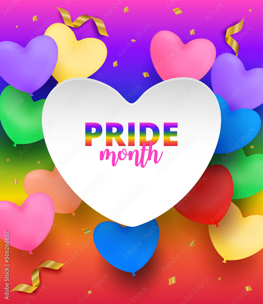 LGBT Pride Month Lesbian Gay Bisexual Transgender Celebrated annual. Design with colorful rainbow heart background. Vector.