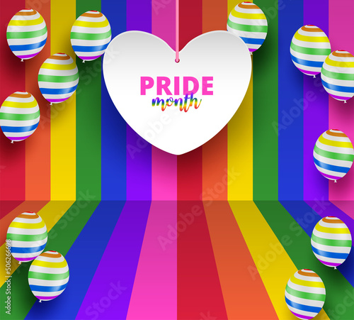 LGBT Pride Month Lesbian Gay Bisexual Transgender Celebrated annual. Design with colorful rainbow balloon background. Vector.