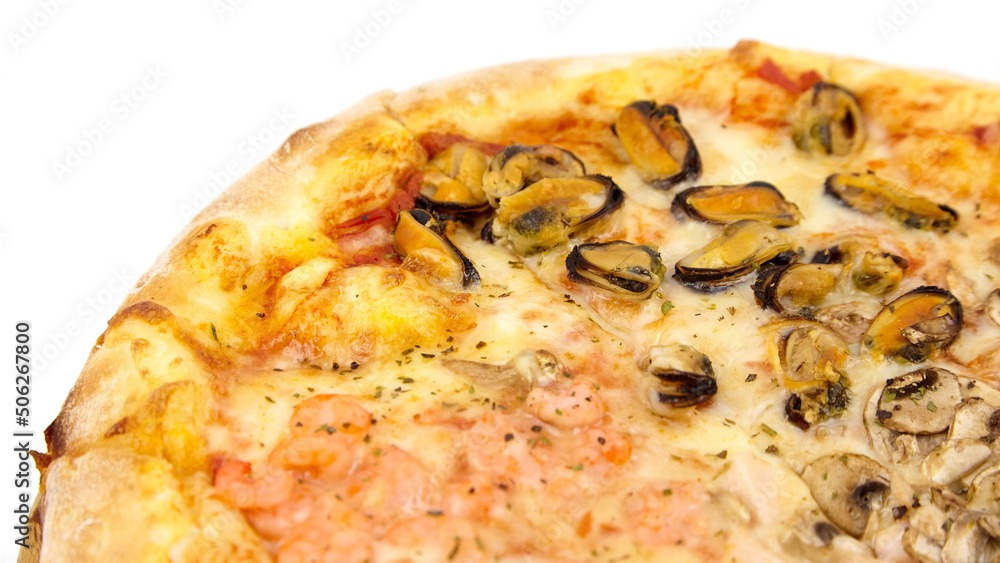 Seafood Pizza with mussels and shrimps on wooden cutting board isolated on white Seafood Pizza with mussels and shrimps on wooden cutting board isolated on white