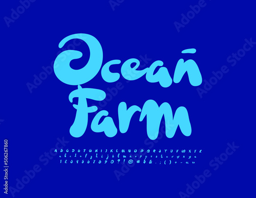 Vector creative concept Ocean Farm with blue artistic Font. Elegant Alphabet Letters, Numbers and Symbols set