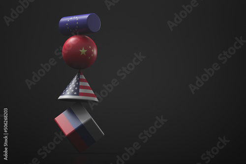 Geometric figures with state symbols of Russia, USA, China, European Union. Figures balance on each other