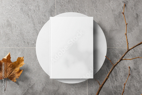 Clean minimal book 4x6 mockup on white plate with stick and marple leaf photo