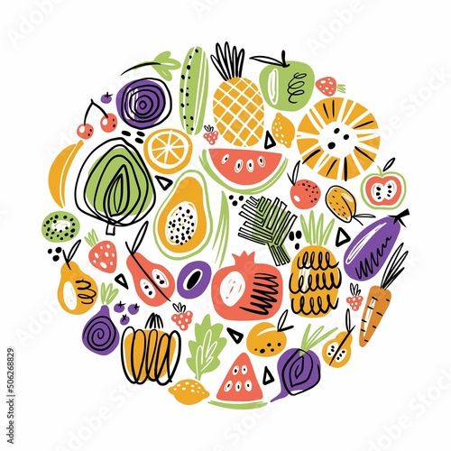 Vector collection of vegetables and fruits. Scandinavian style of hand-drawn food products.
