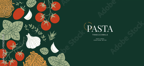 Pasta and tomatoes with garlic and basil. Textured illustration on a dark background. 