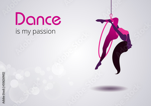 A girl performs the acrobatic elements in the air ring.  Vector poster perfect for dance studio, performance.