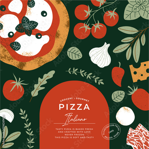 Italian pizza design template. Pizza Margherita with tomatoes and mozzarella on the dark background. 