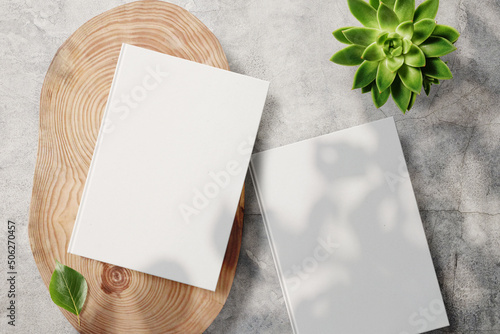 Clean minimal book 4x6 mockup on cement with plant and leaf
