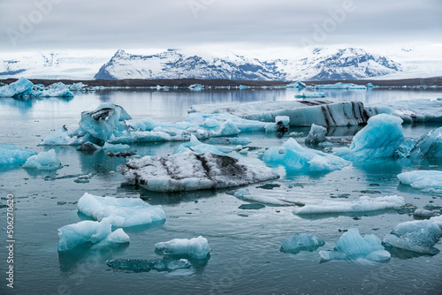 Panoramic view of the beautiful icebergs in Jökulsárlón glacier lagoon, Vatnajökull National Park, Ring Road / Route 1, Iceland