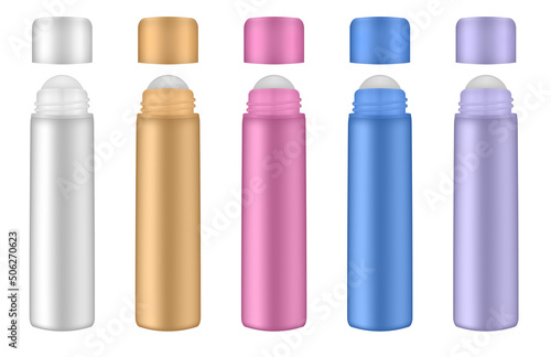 Set of roller ball bottles. Lip, eye roller bottle with cream, serum. Cosmetic product container mockup. White, gold, red, blue and purple bottles
