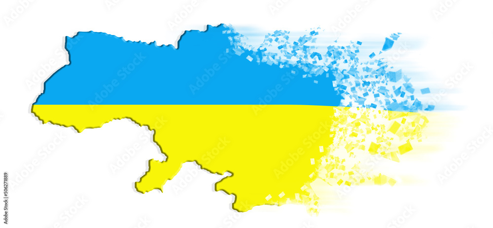 Map of Ukraine shatters into pieces on a white background.