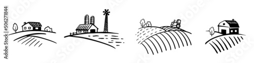 Set of farm scenery with trees, barn, windmill and tractor. Vector line isolated illustration for farm products package or background design.