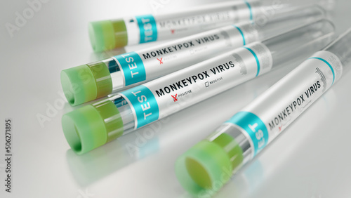 Monkeypox virus test tube on shiny table testing to prevent pandemic. 3D Rendering photo
