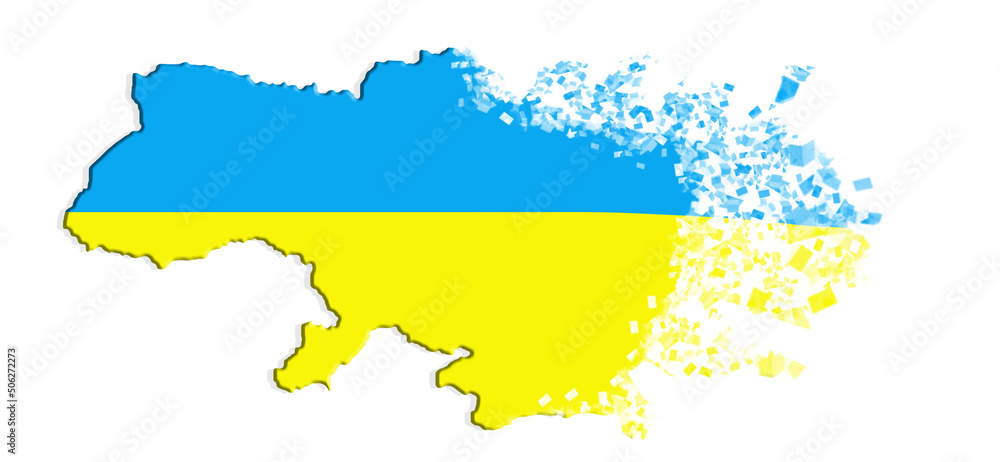 Map of Ukraine shatters into pieces on a white background.