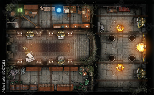 A combat adventure map for the board game dungeons and dragons, it has a dungeon with alchemist rooms, a closet with reagents, a main hall with statues and burning lights. 3D rendering photo
