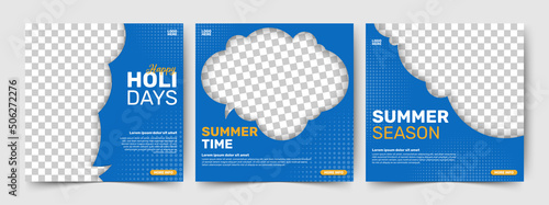 social media template for summer vacation post, on blue background color
