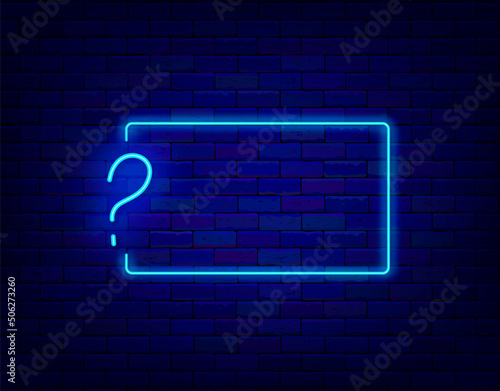 Quiz neon frame template. Question mark in border. Outer glowing effect banner. Vector stock illustration