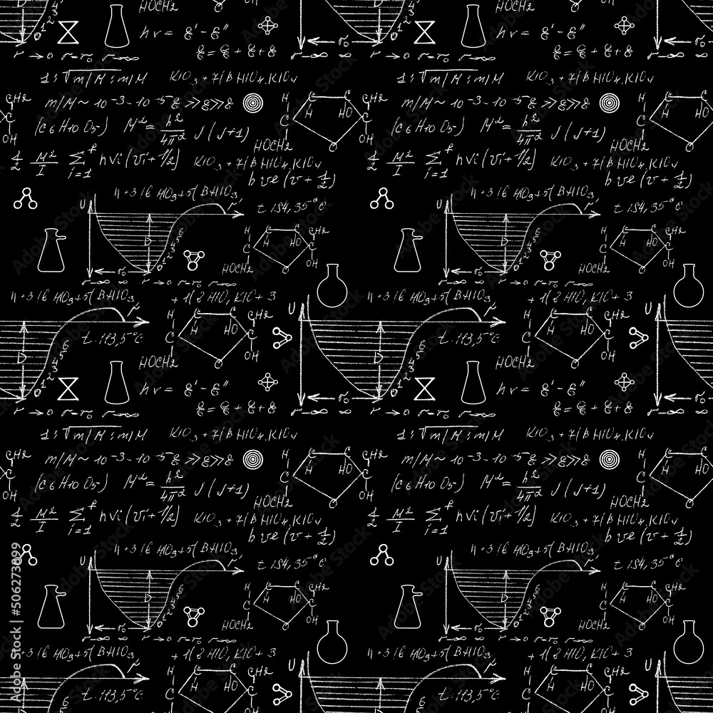 Seamless chemistry scribbles at school chalk board. Blackboard formulas pattern. The concept of education and back to school. Hand writing, endless pattern molecules structures bonds together. Vector.