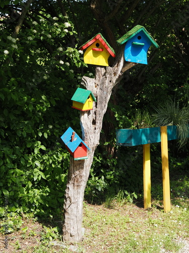 Wallpaper Mural Pole with hanging colorful wooden birdhouses. Torontodigital.ca