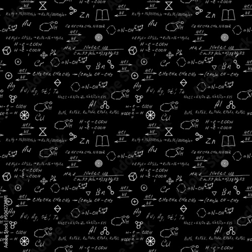 Seamless chemistry scribbles at school chalk board. Blackboard formulas pattern. The concept of education and back to school. Hand writing, endless pattern molecules structures bonds together. Vector.
