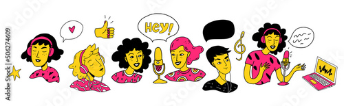 Portraits set of modern young people in broadcast and podcast culture. Listeners and podcast hosts in cartoon doodle outline style. People speaking into microphones, listeners with headphones. Vector