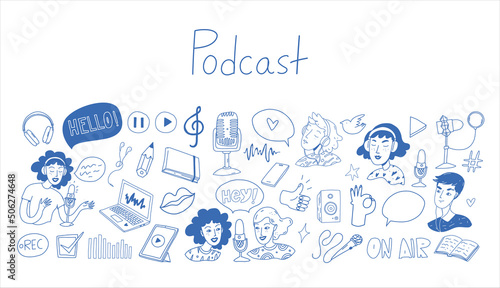 Podcast doodle cartoon icons set. Vector collection of podcast or broadcast illustrations. Template background for podcasting in sketch style. photo