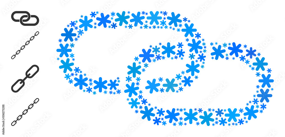 Mosaic chain element icon constructed for winter, New Year, Christmas. Chain element icon mosaic is shaped of light blue snow icons. Some similar icons are added. Mosaic chain element icon constructed for winter, New Year, Christmas. Chain element icon mosaic is shaped of light blue snow icons. Some similar icons are added.