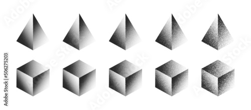 3D Pyramid Cube Stipple Hand Drawn Dotwork Vector Abstract Shapes Set In Different Variations Isolated On White Background. Various Degree Black Noise Dotted Figures Design Elements Texture Collection